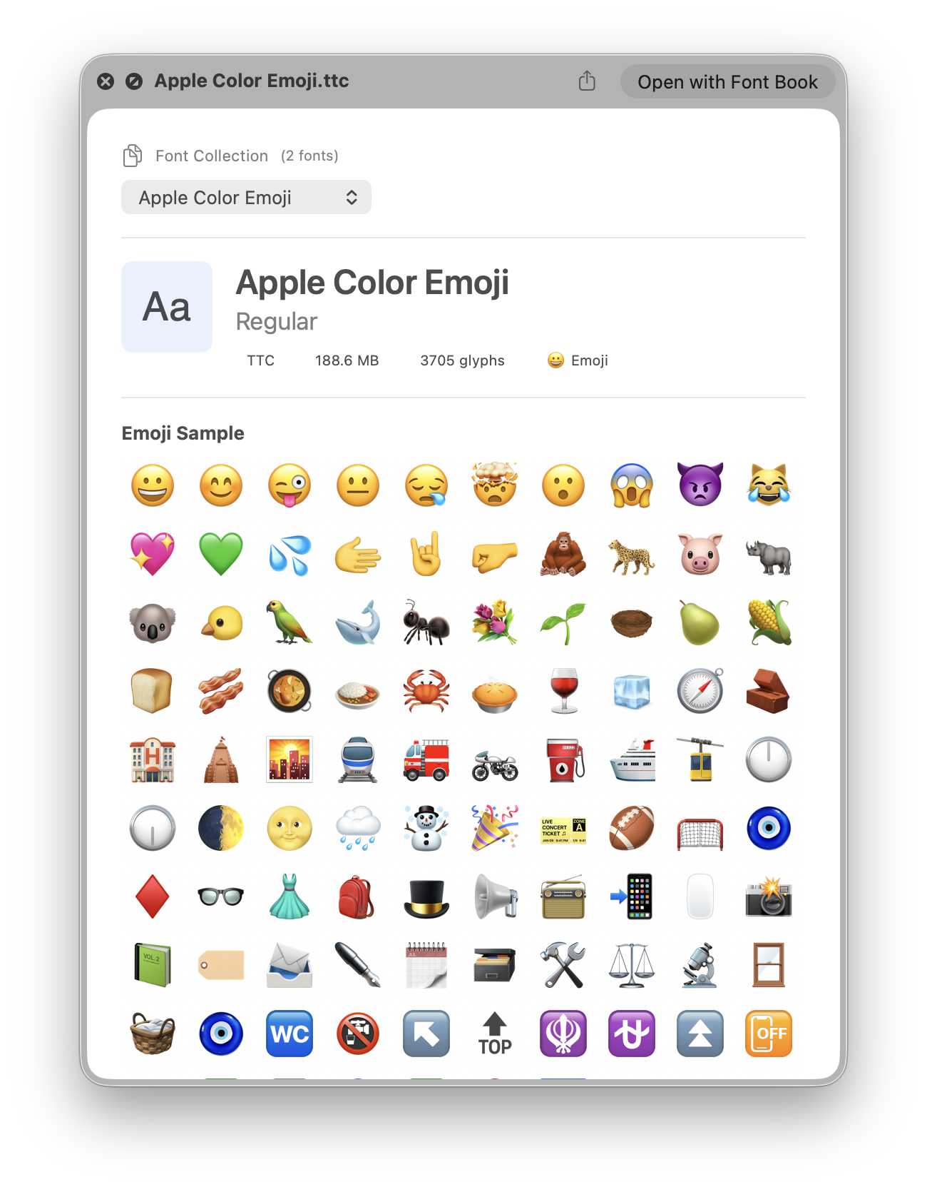 Color emoji font preview showing colorful emoji glyphs