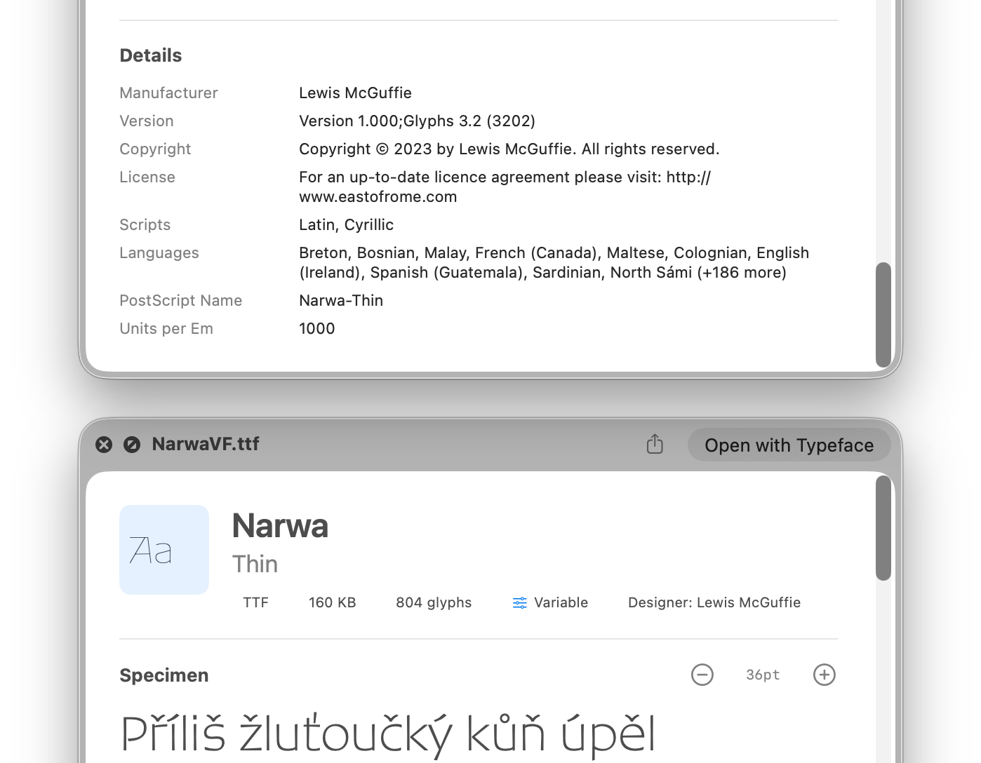 Font metadata display showing designer, version, copyright, and license information