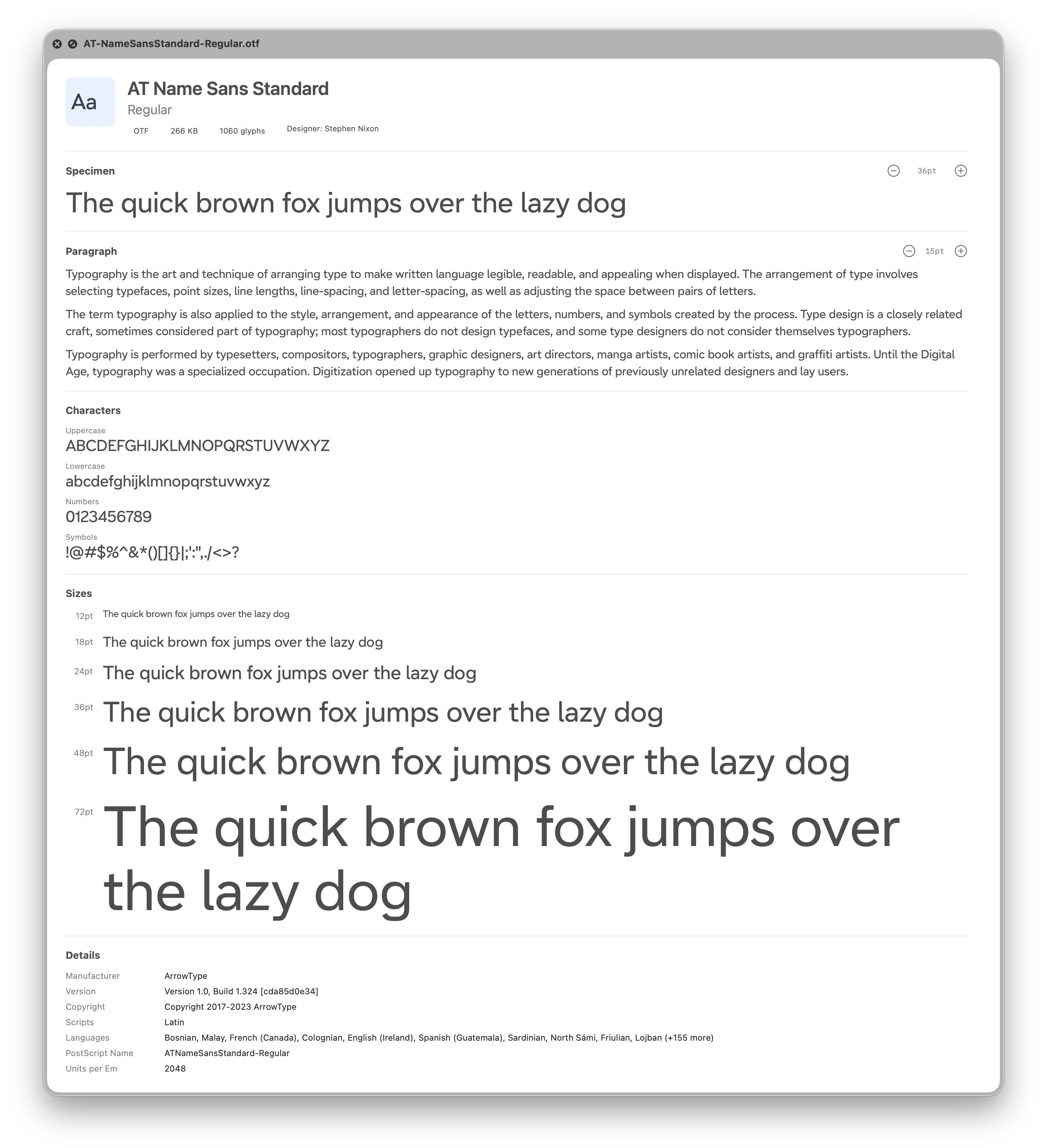 Type Specimen Quick Look preview showing a font specimen sheet