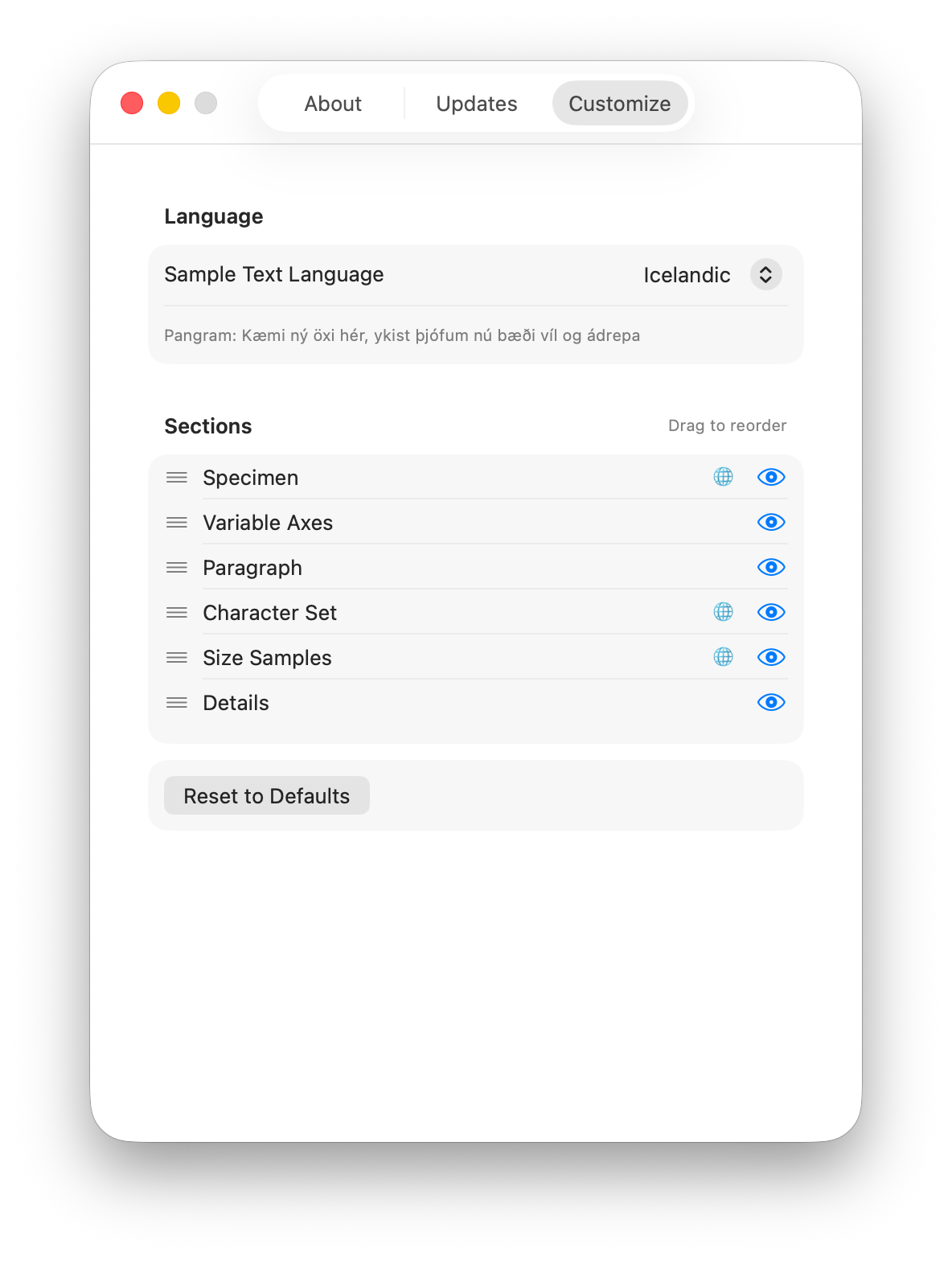 Customization panel showing language picker and section reordering