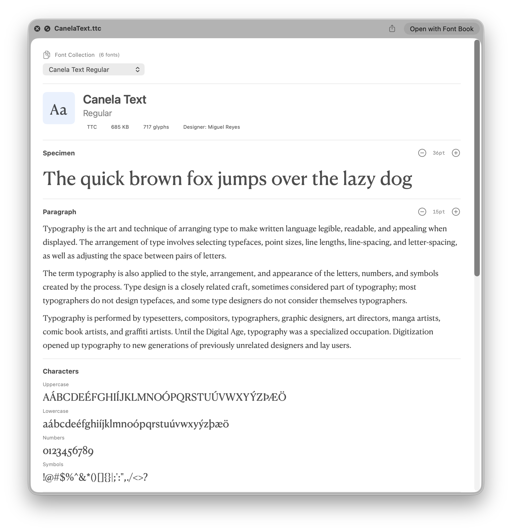 Font collection preview showing family member selector