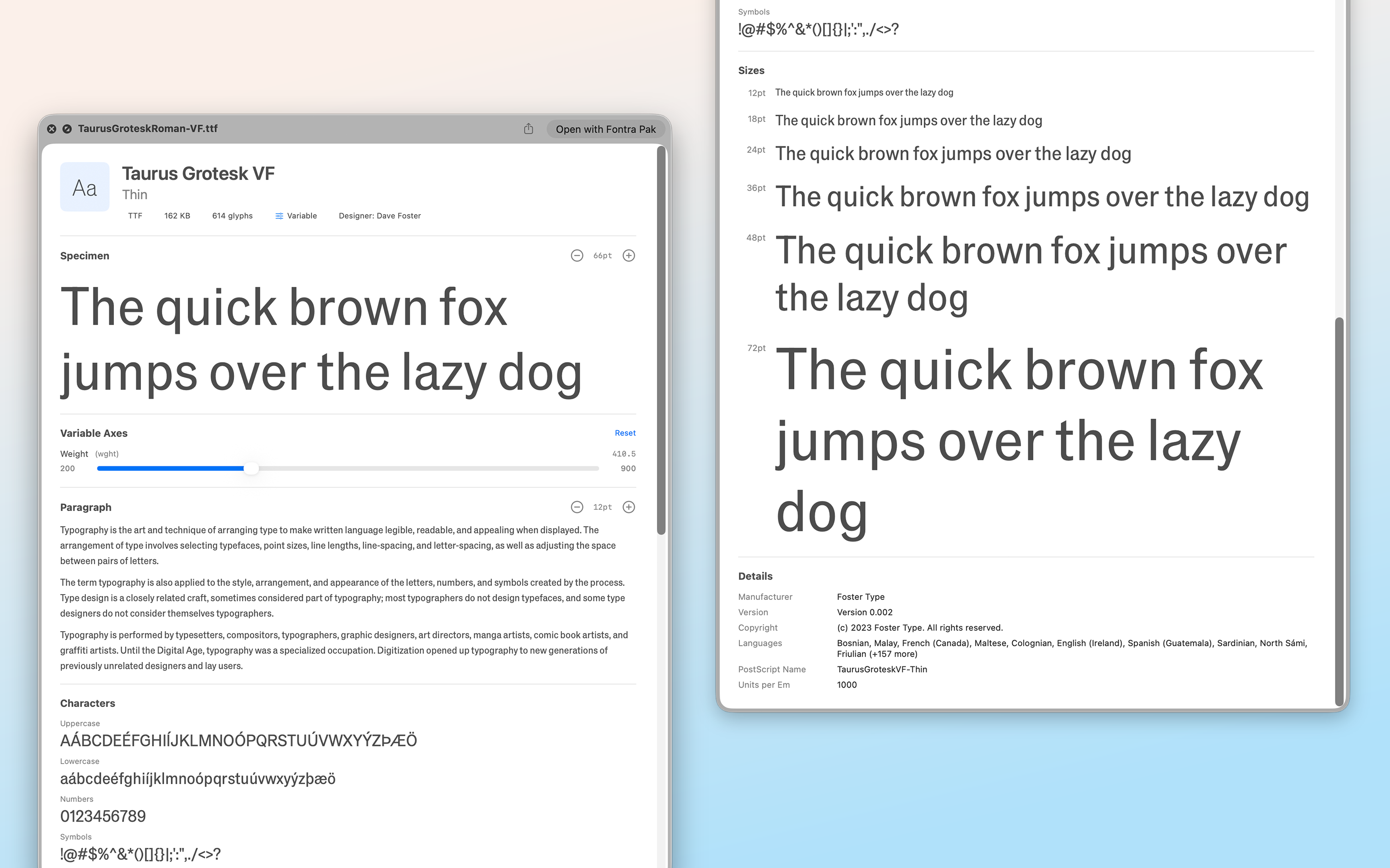 Type Specimen showing a complete variable font preview with specimen text and size waterfall