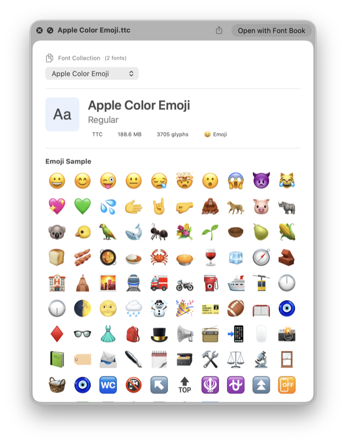 Color emoji font preview showing colorful emoji glyphs