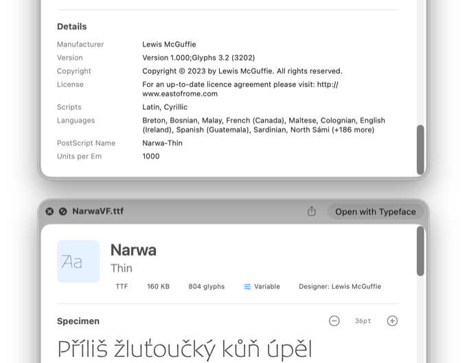 Font metadata display showing designer, version, copyright, and license information