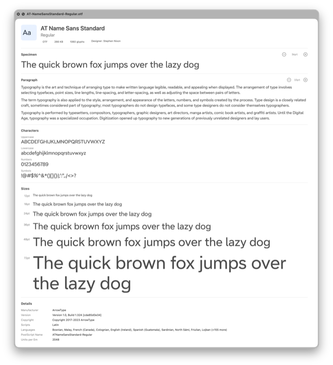Complete Quick Look specimen window showing font preview