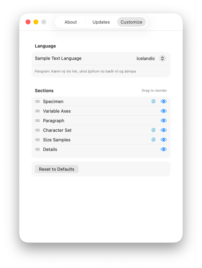 Customization panel showing language picker and section reordering