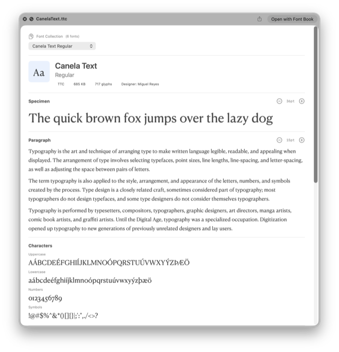 Font collection preview showing family member selector