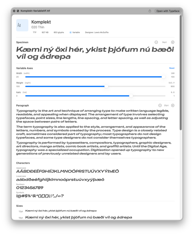 Variable font preview with weight, width, and italic sliders